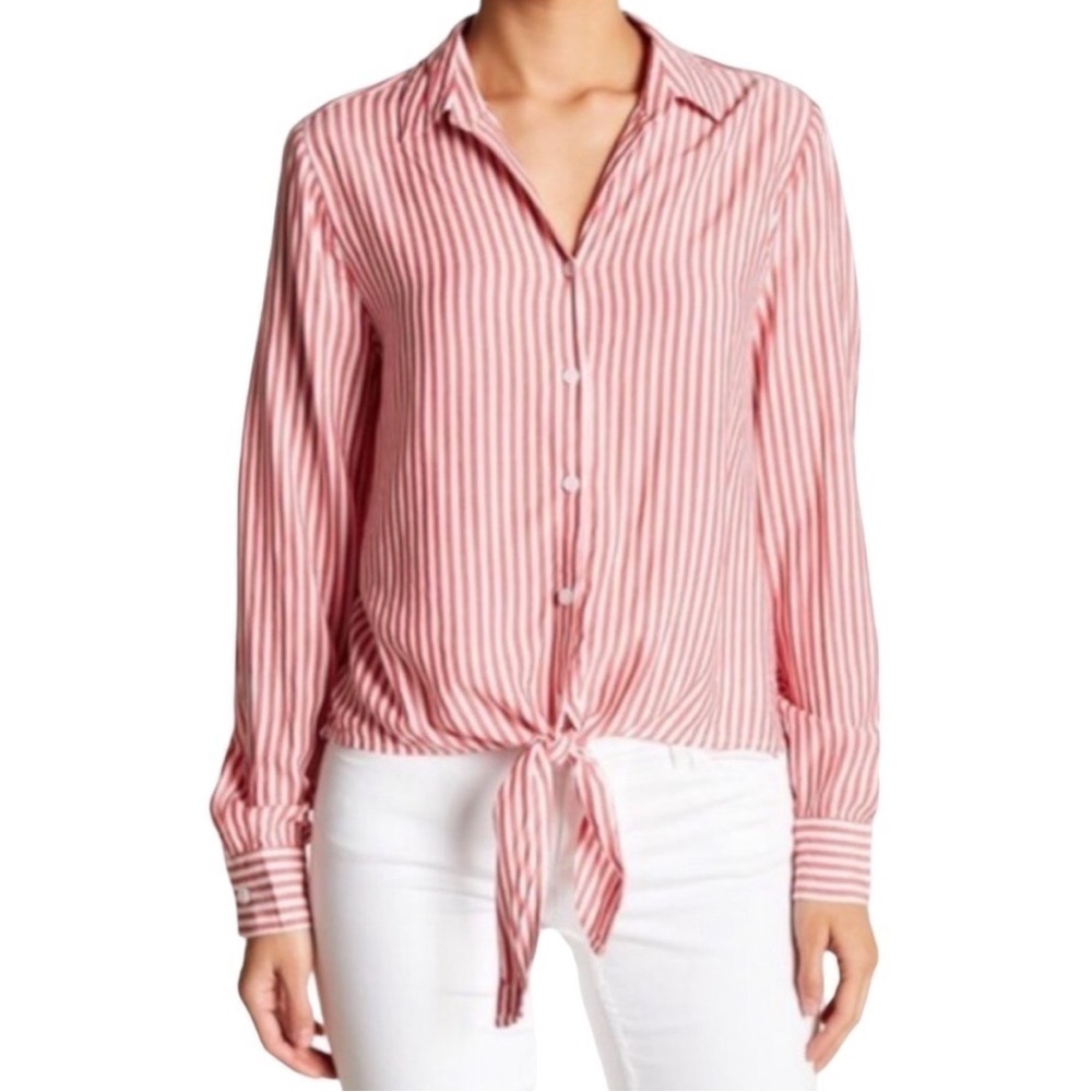 Beach Lunch Lounge Red and White Stripe Tie Front Button Down Blouse | Medium